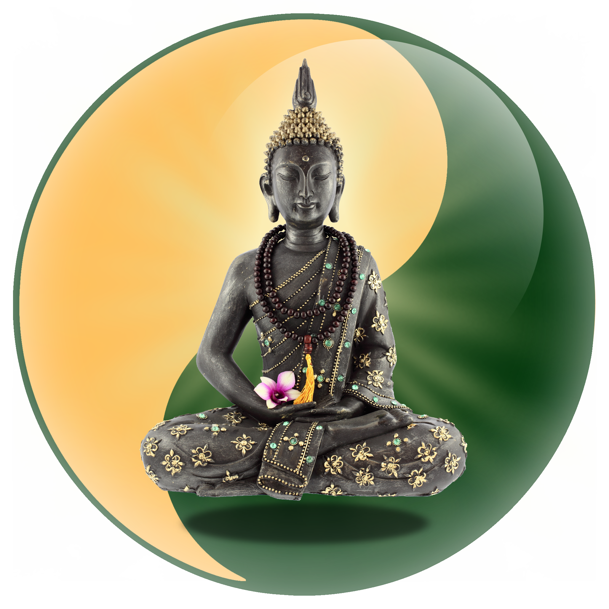 Buddha Statue vor Yin-Yang Hintergrund